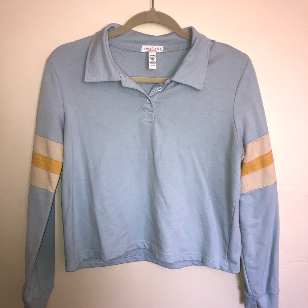 Blue and yellow long sleeve collared shirt
